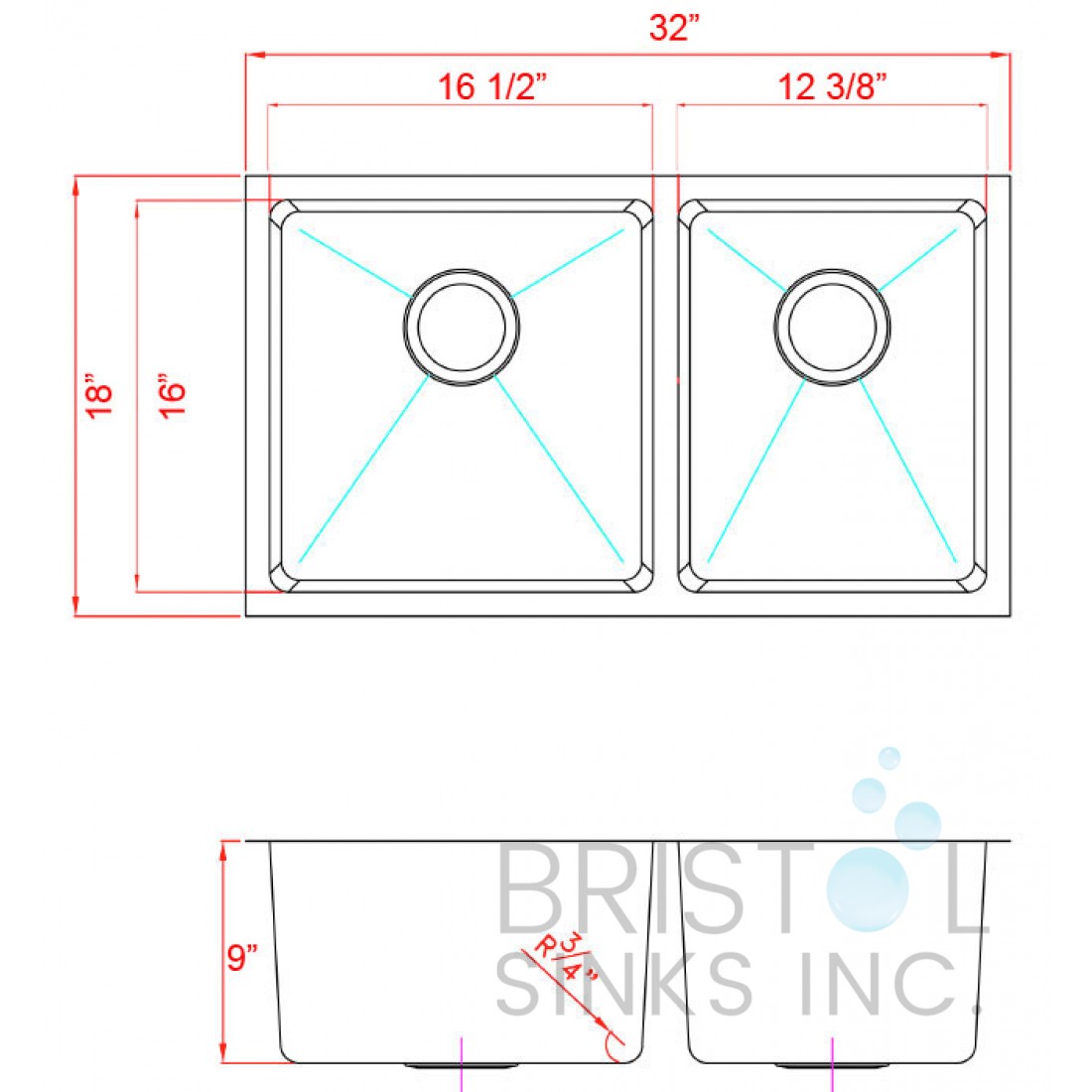B1808 Double Bowl 18 Gauge Kitchen Sink Bristol Sinks