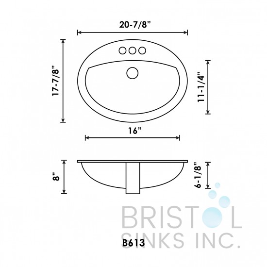 B613 Vitreous China Oval Top-mount Bathroom Sink-3 Faucet Holes