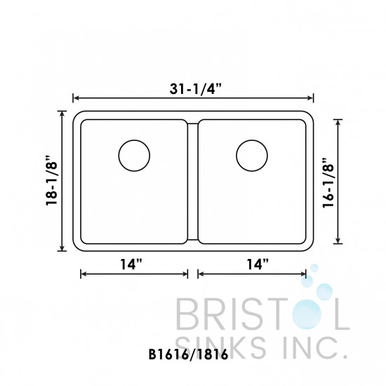 B1616 Low Divide Undermount Stainless Steel Kitchen Sink 20 mm Corners