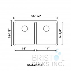 B1816 Low Divide Undermount Stainless Steel Kitchen Sink 20 mm Corners B1816 Low Divide Undermount Stainless Steel Kitchen Sink 20 mm Corners